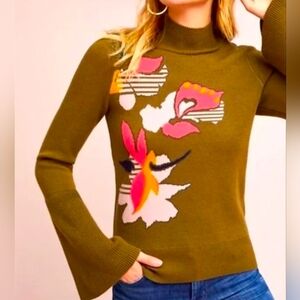 Anthropologie Knitted & Knotted Olive Floral Bell Sleeve Sweater